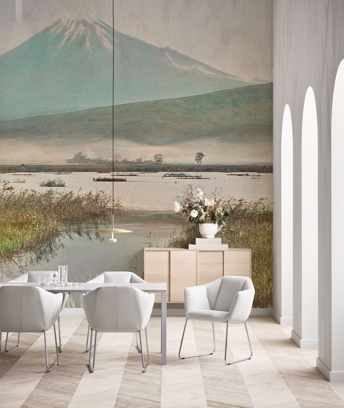 Papier peint mural du Mont Fuji avec scène de montagne et lac dans une salle à manger lumineuse