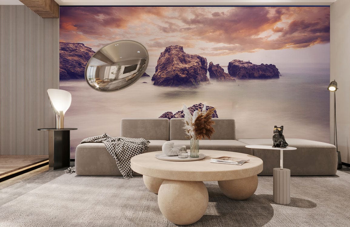 Papier peint mural Pays des Merveilles en roche dans un salon moderne avec miroir abstrait