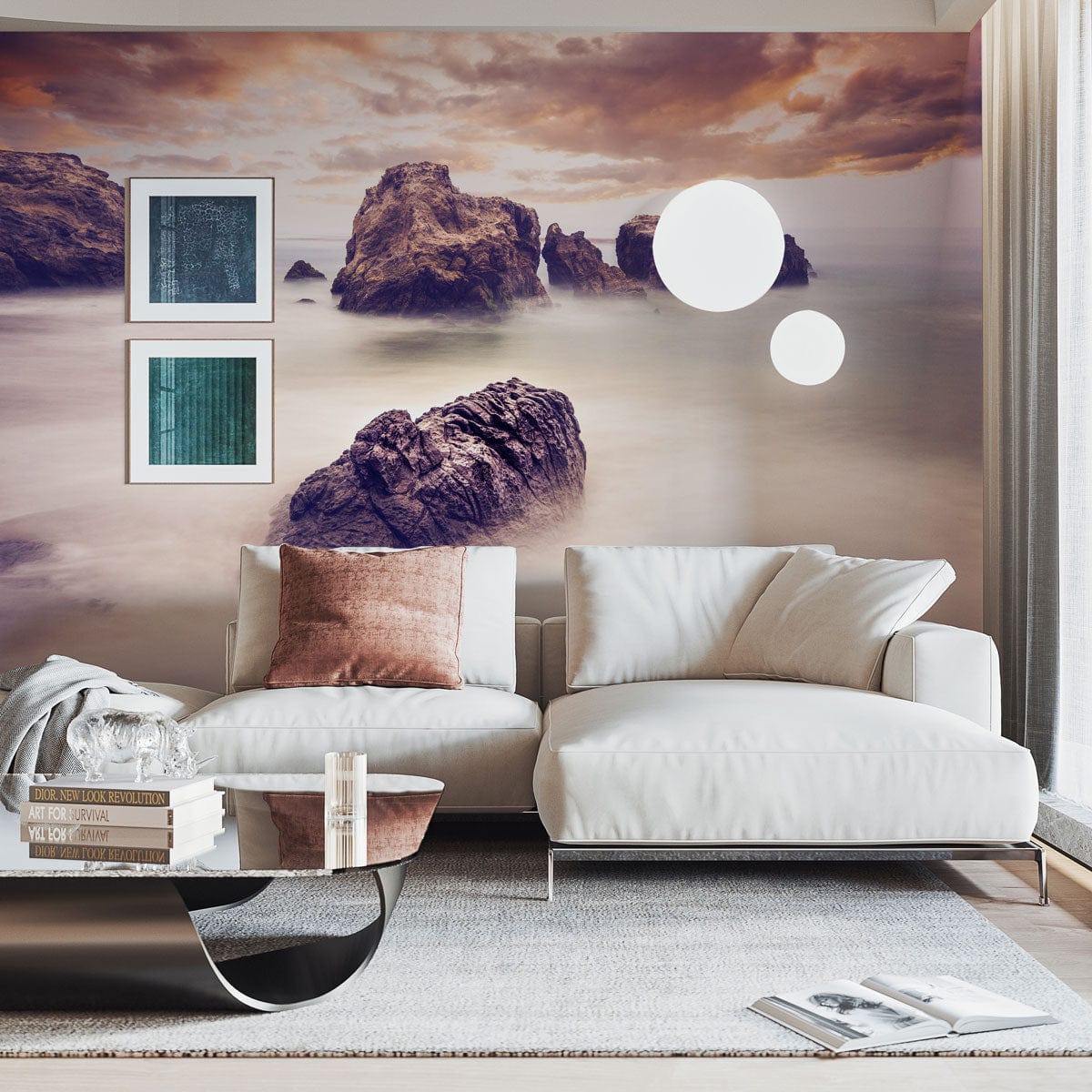 Papier peint mural du Pays des Merveilles en roche avec canapé contemporain en blanc