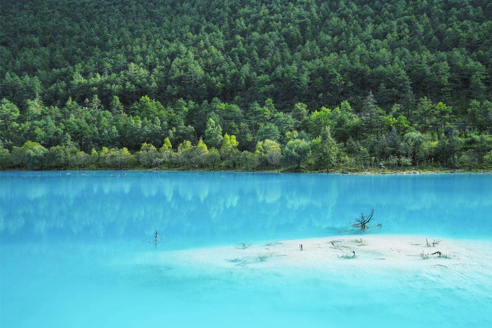 Papier peint mural du paysage du lac céleste avec lac turquoise et forêt verte