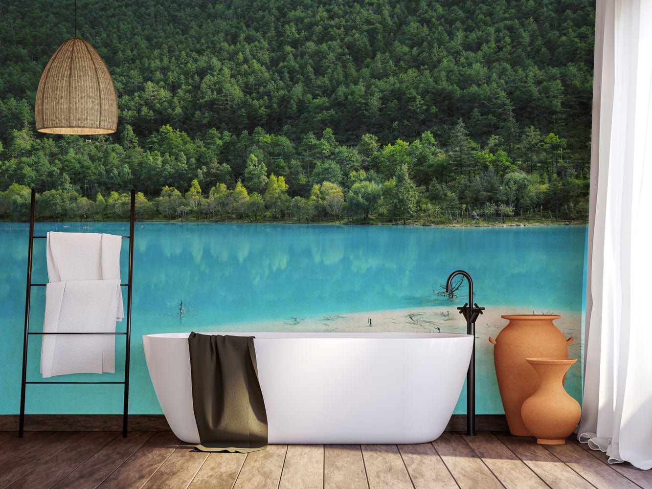 Photo d’une baignoire autoportante blanche avec un linge sombre, idéal pour un papier peint mural du paysage du lac céleste