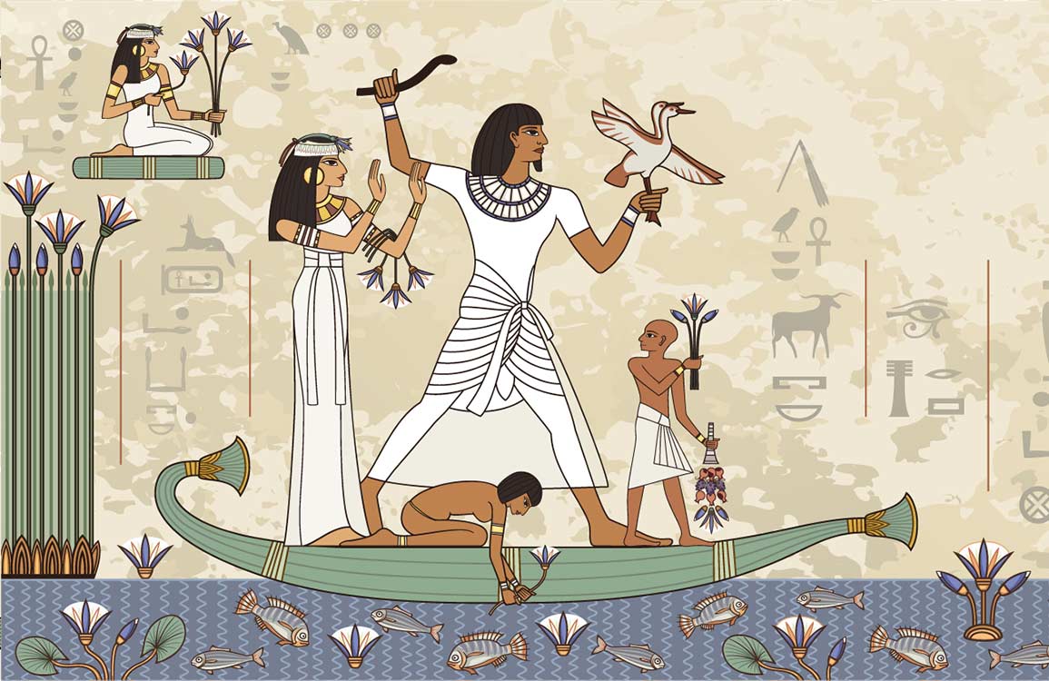 Ancienne peinture murale roi Égyptien représentant une famille chassant et pêchant