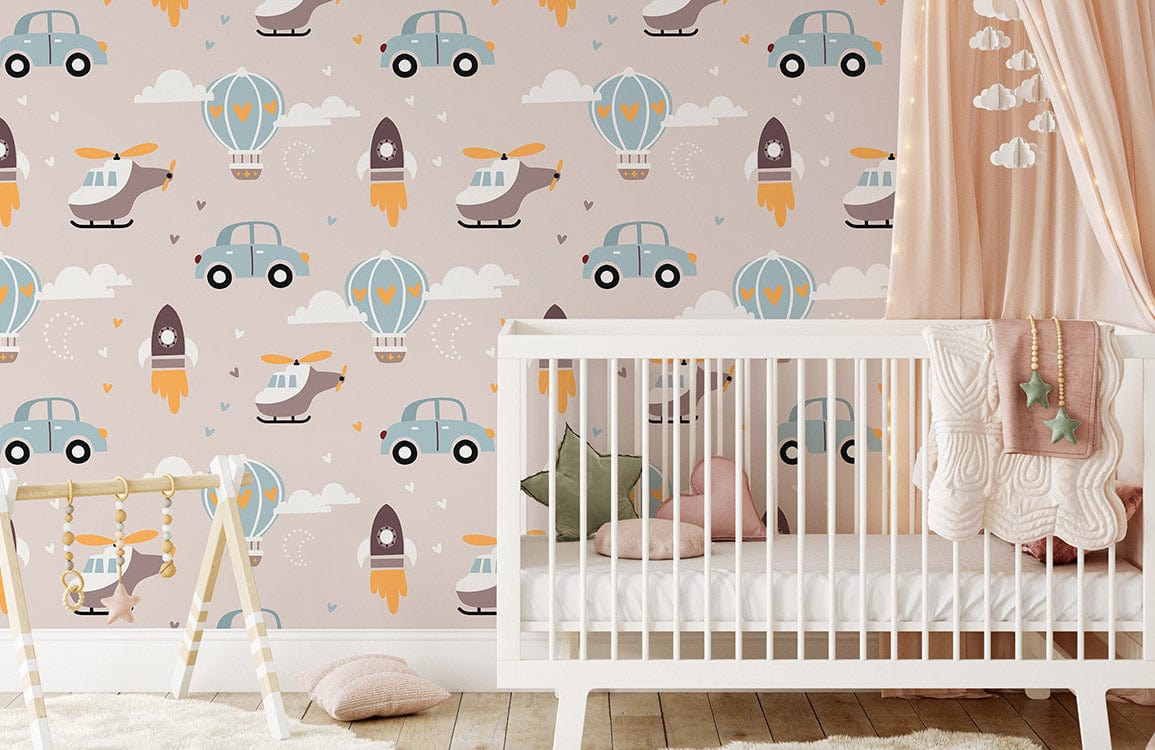 Papier peint mural pour nursery avec thème transport et lit blanc, Papier Peint Mural du Trafic Aérien