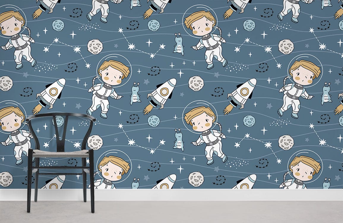 Papier peint mural astral avec astronautes, fusées, planètes et étoiles pour décoration intérieure