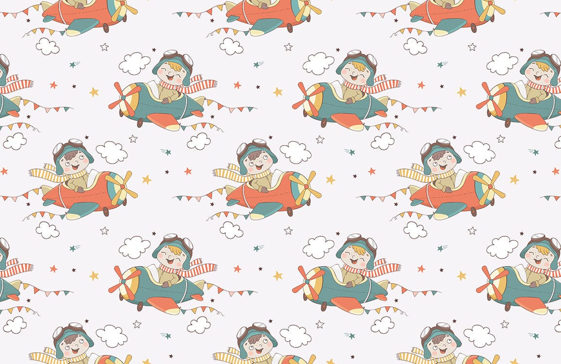 Papier peint mural avec motif de pilotes de cartoons dans des avions pour décoration intérieure