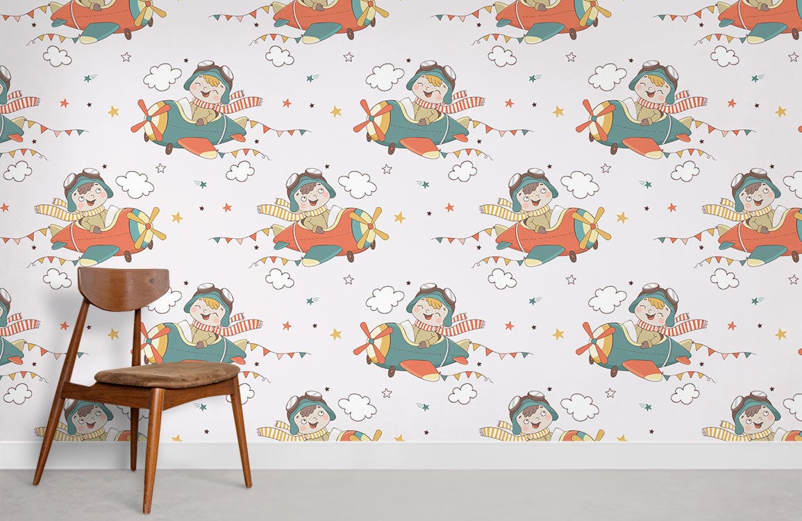Papier peint mural enfant avec motif d’enfants en avions pour une décoration originale