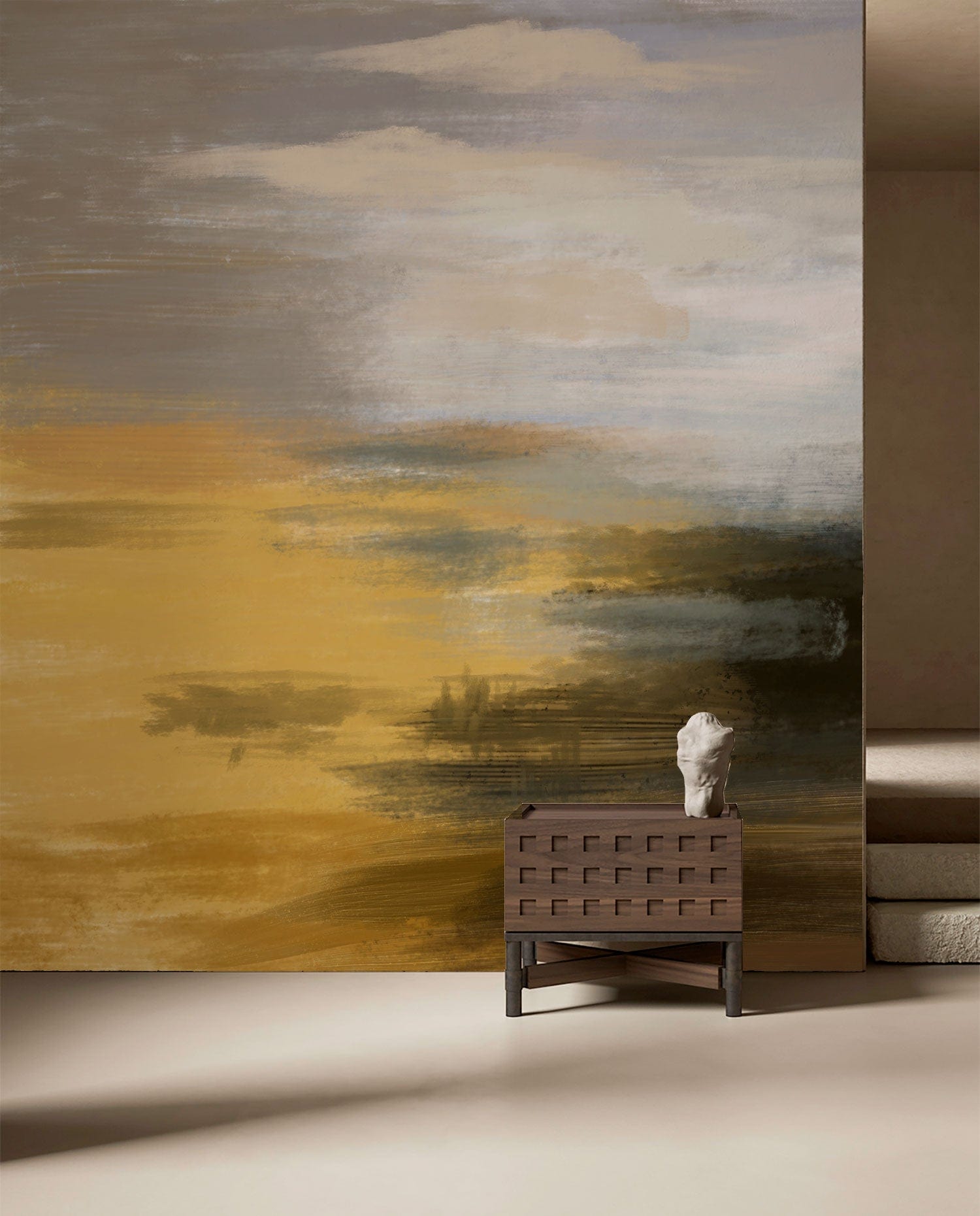 Peinture abstraite vintage sur papier peint mural avec paysage abstrait chaud et terreux