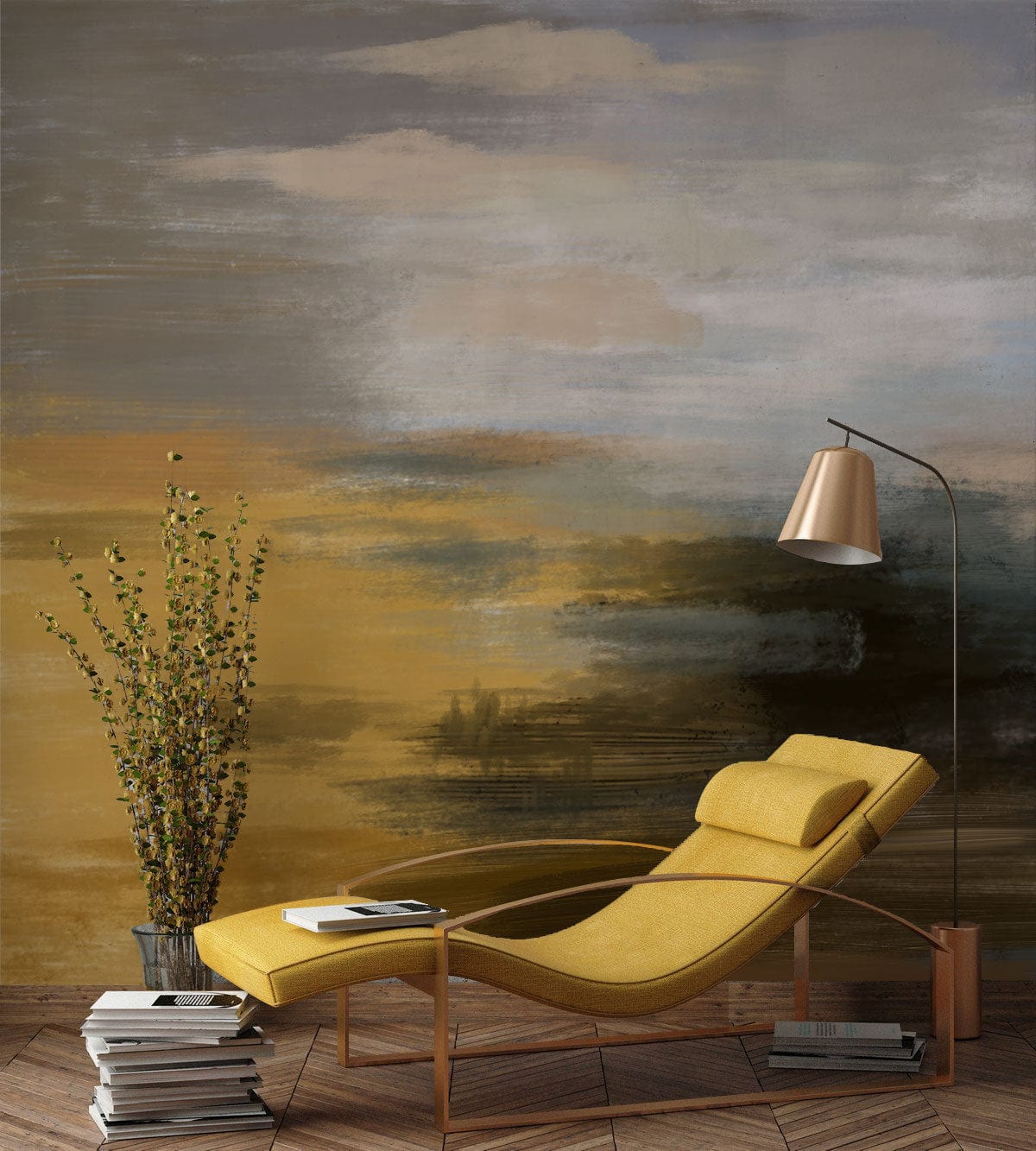 Chaise longue jaune stylée avec cadre métallique, idéale pour un papier peint mural peinture abstraite vintage