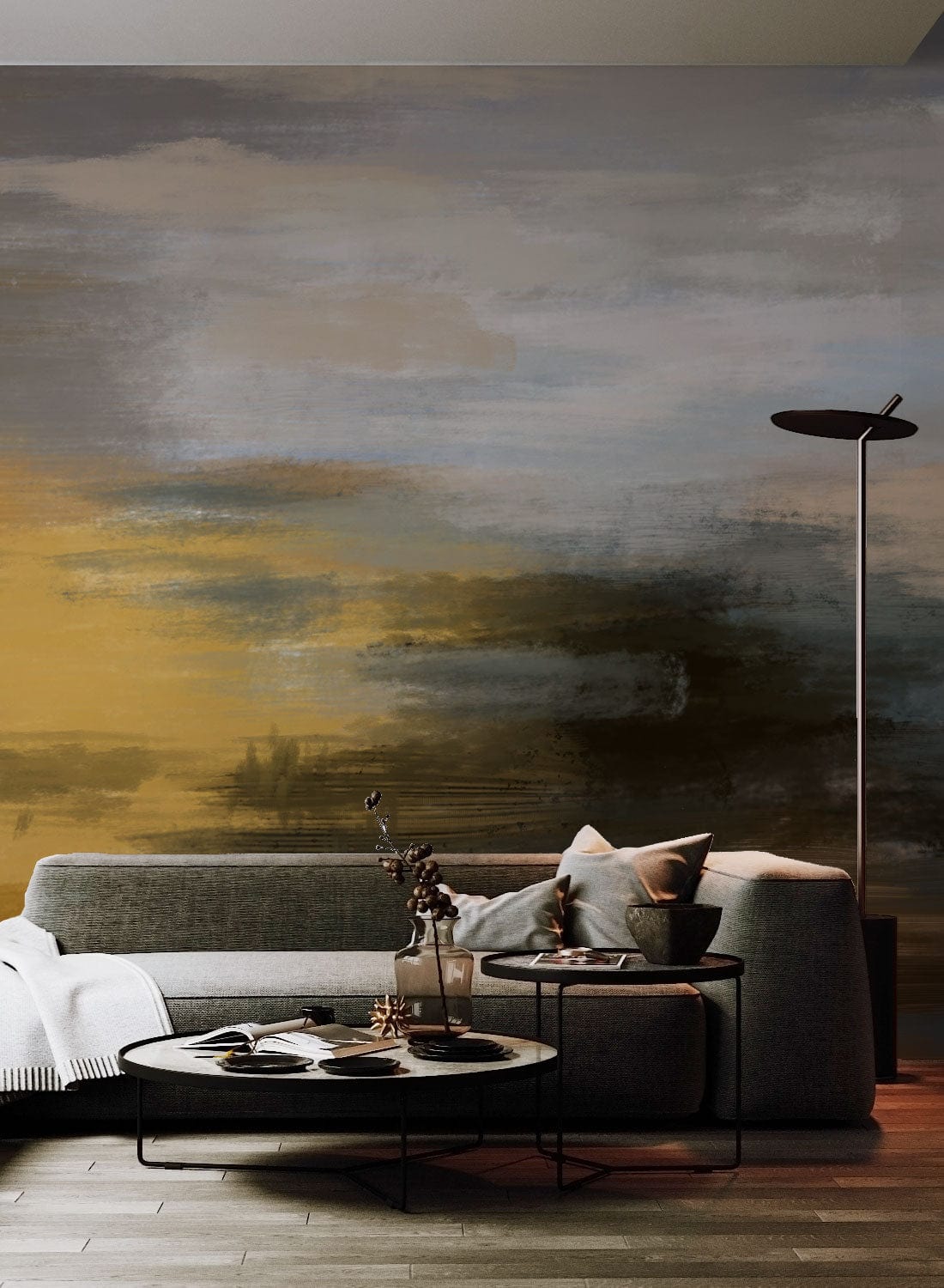 Photo d’un canapé gris moderne avec coussins, idéal pour un papier peint mural peinture abstraite vintage