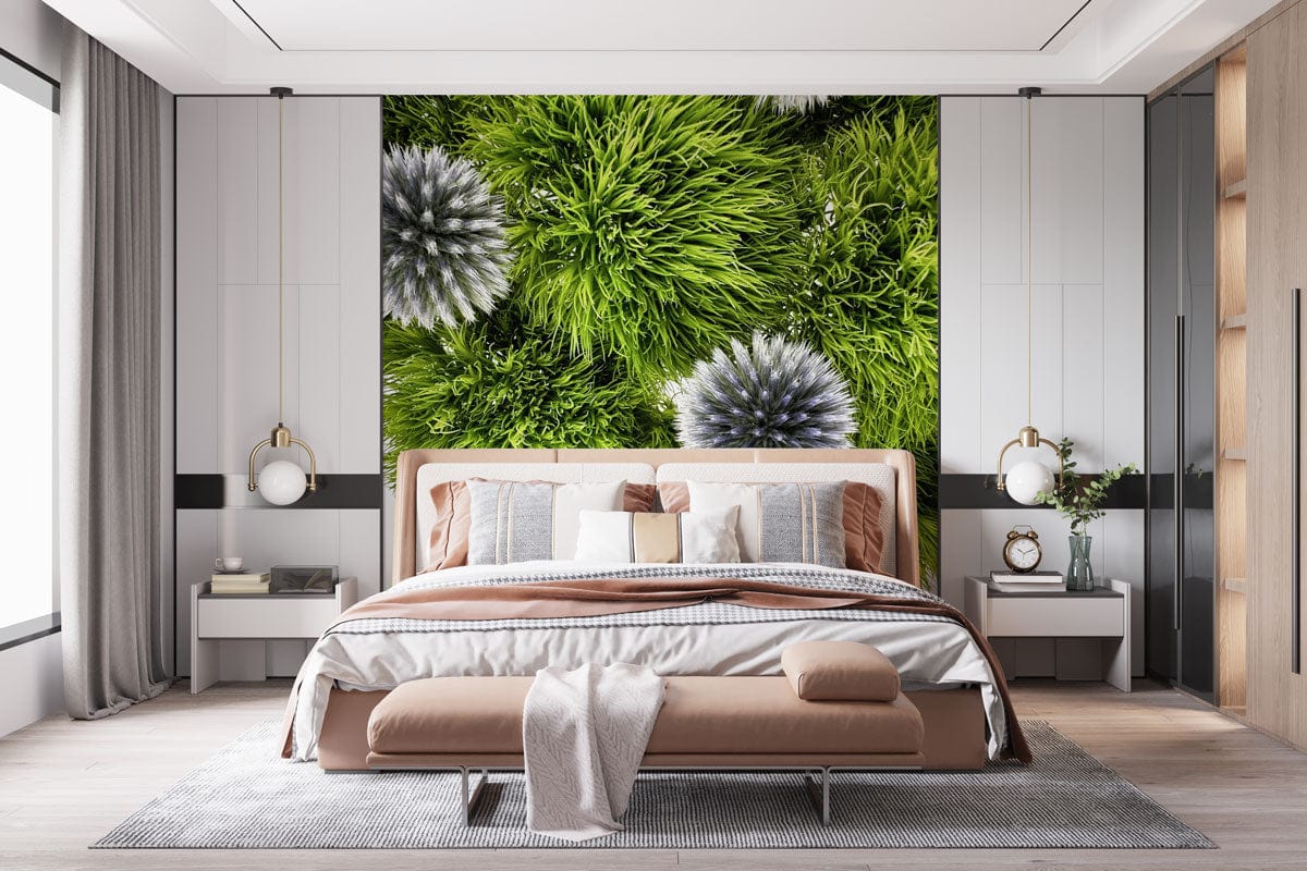 Photo d’une chambre contemporaine avec mural Échinops bannaticus et grand lit