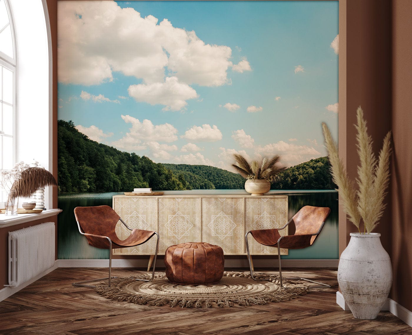 Peint mural écologique d’une scène de lac et collines vertes dans un intérieur