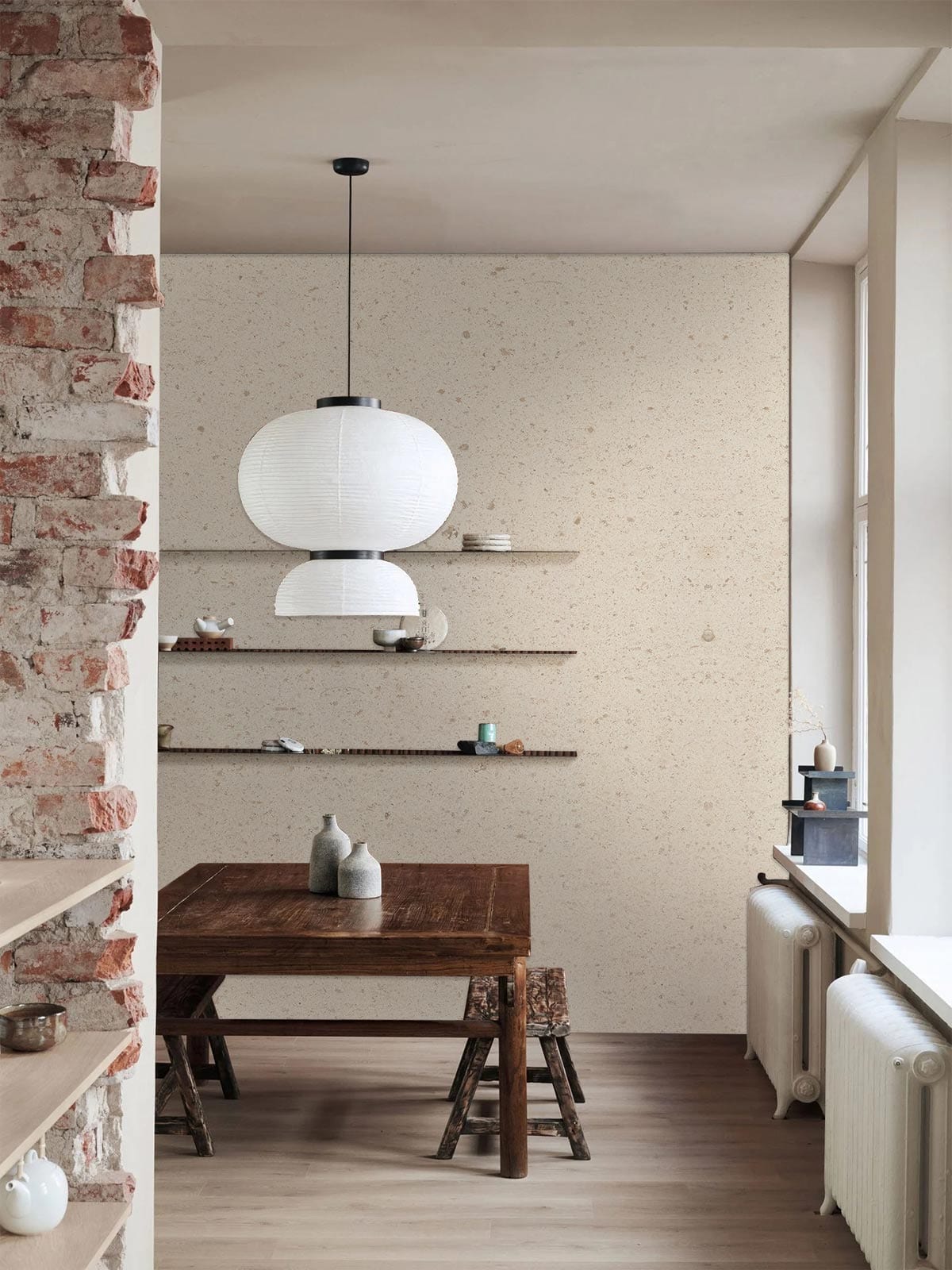 Lustre en papier blanc avec design à deux niveaux pour le mural effet béton grainé beige