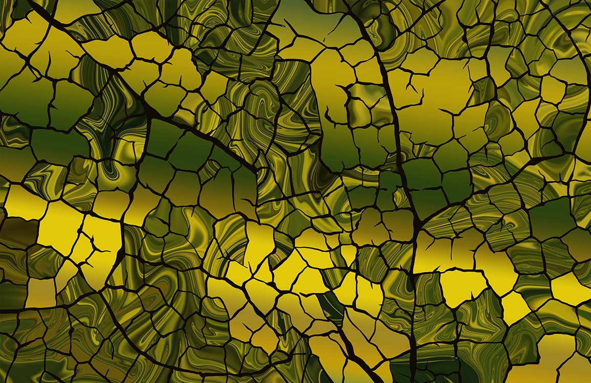 Papier peint mural effet miroir abstrait avec motif de terre craquelée en jaune et vert