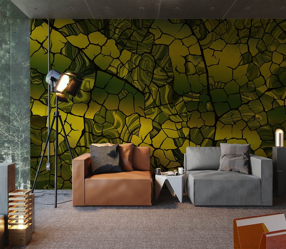 Image d’un salon moderne avec deux fauteuils et lampadaire, papier peint mural effet miroir abstrait