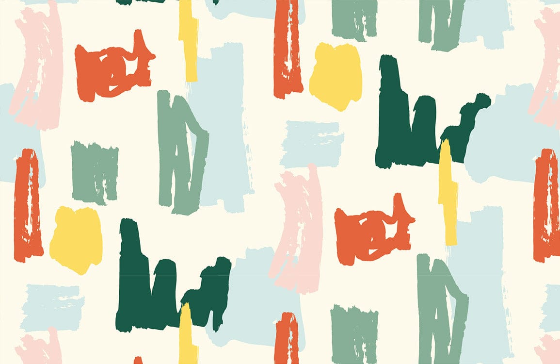Papier peint mural effet pastel griffonné avec motifs abstraits et coups de pinceau colorés