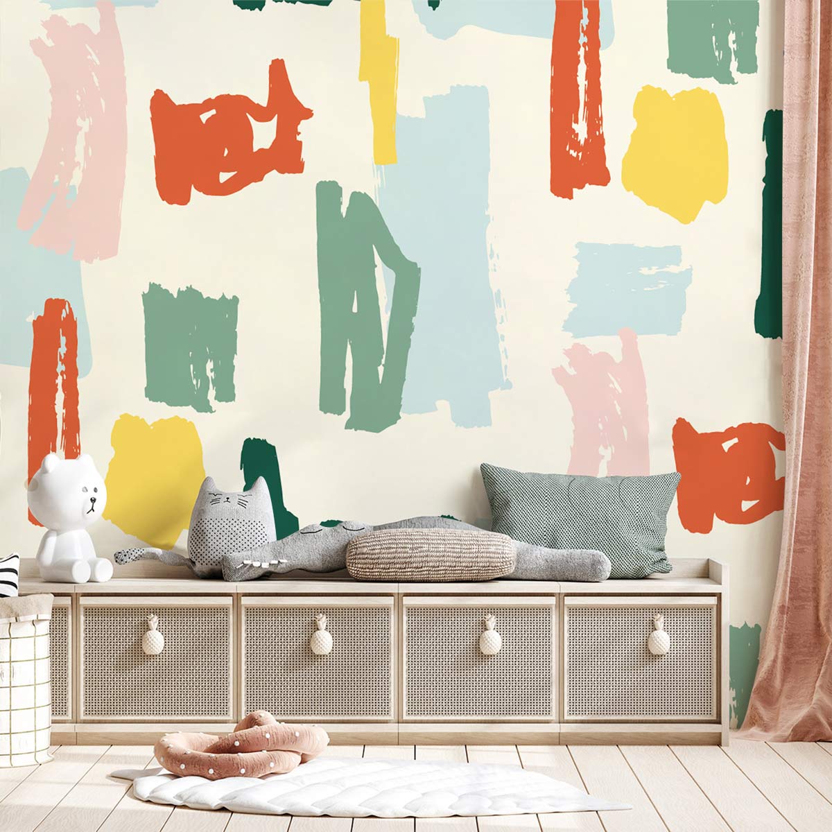 Papier peint mural effet pastel griffonné dans une chambre d’enfants avec rangement