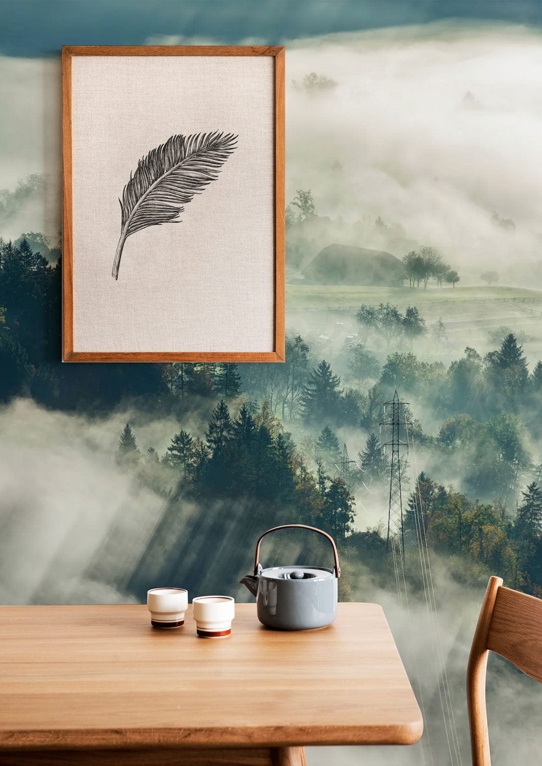 Illustration encadrée d’une plume détaillée pour papier peint mural effet Tyndall