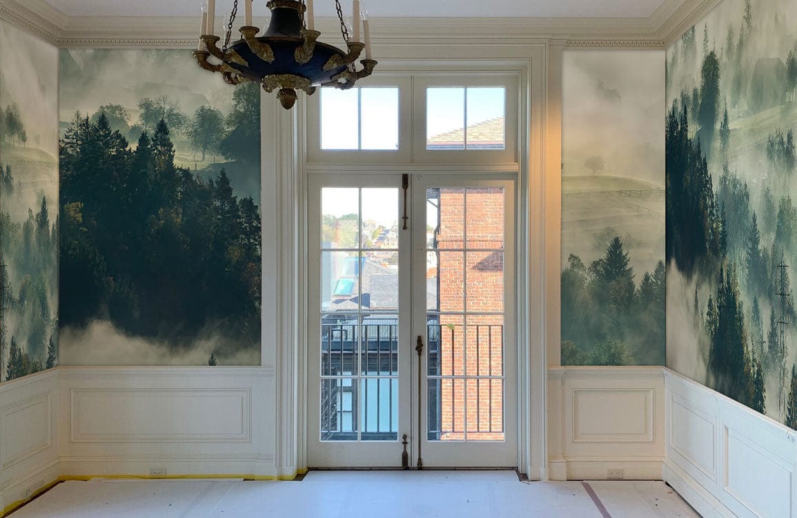 Papier peint mural Effet Tyndall avec forêt scenic et chandelier élégant