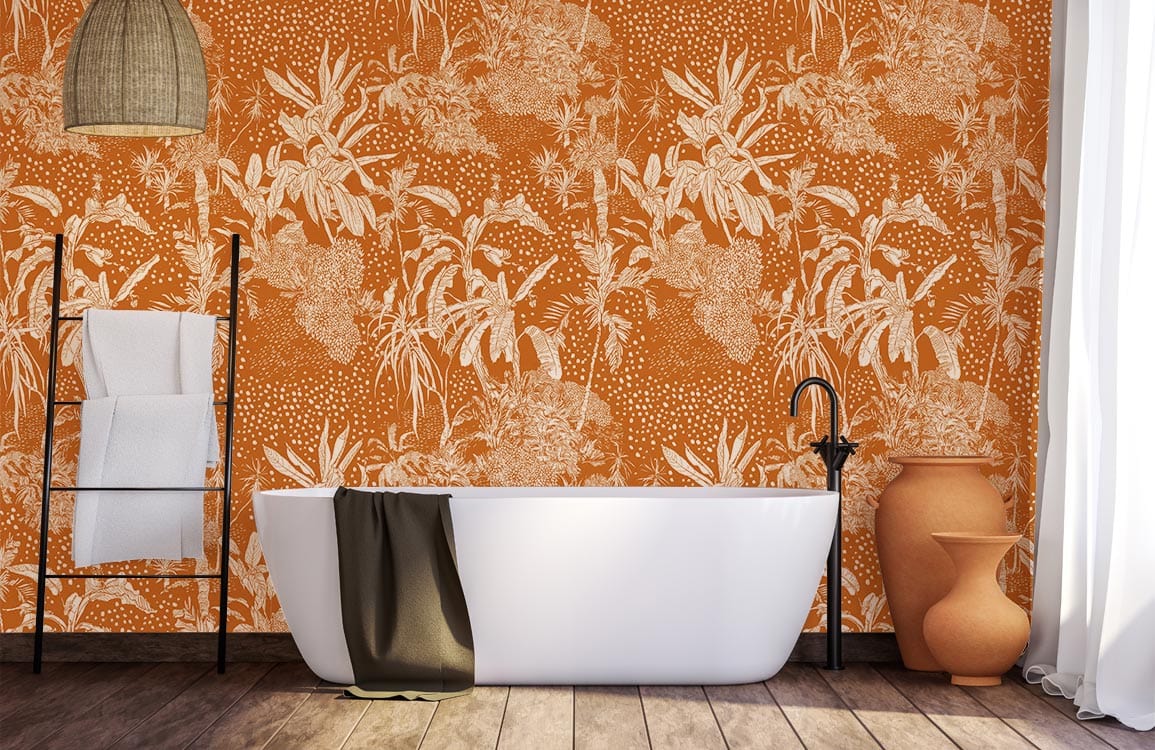 Baignoire autoportante blanche avec papier peint mural jungle tropicale dorée pour un design unique