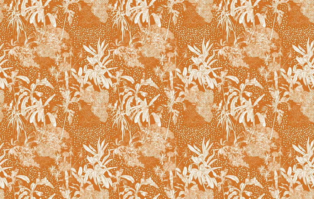Papier peint mural jungle tropicale dorée avec motif de plantes blanches sur fond orange