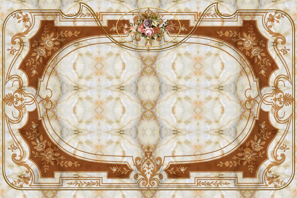 Papier peint mural en cristal avec motif européen, ornement marble et border floral brun