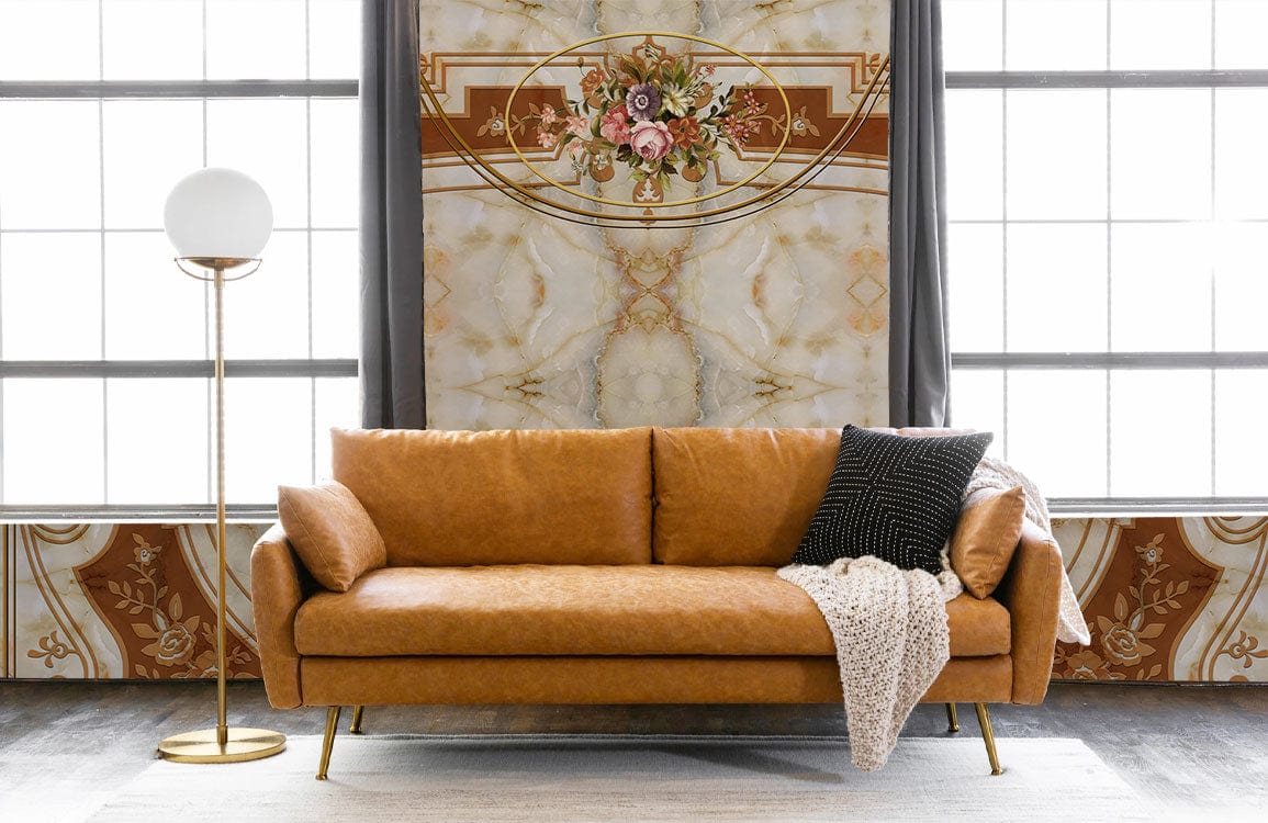 Sofa en cuir beige moderne avec pieds en or, idéal pour un papier peint mural élégant