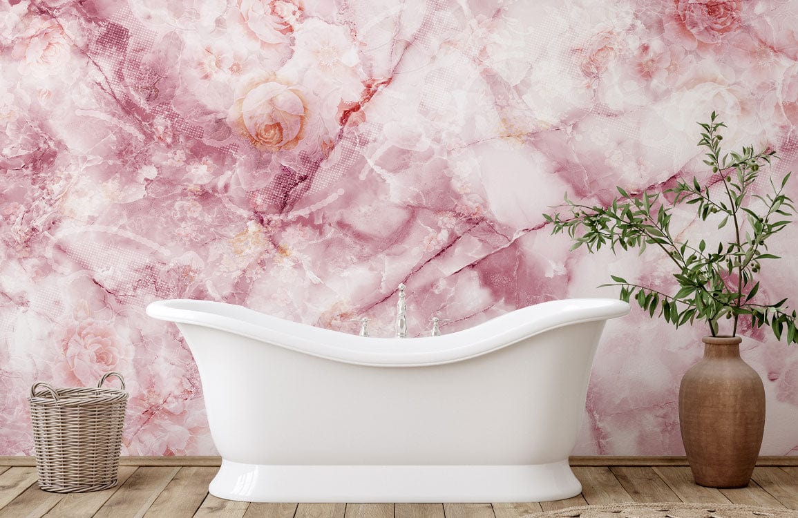 Alt texte pour papier peint mural cristal rose craquelé avec baignoire à pied blanc