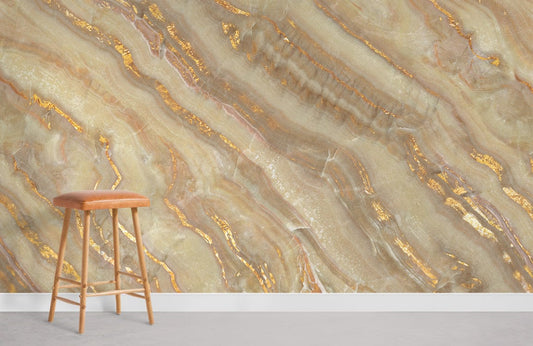 Image d’un tabouret en bois avec siège en cuir pour papier peint mural en marbre doré
