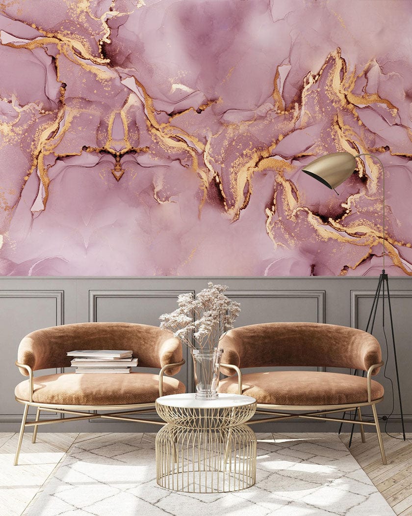 Chaise longue en marbre rose doré avec cadre en métal or, idéal pour papier peint mural