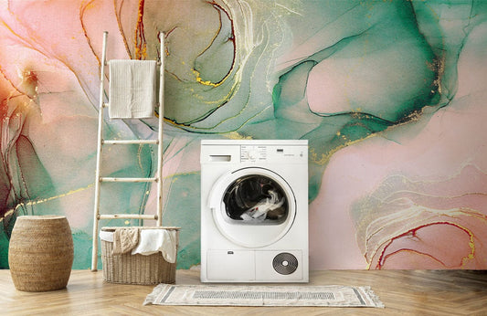 Papier peint mural en marbre séduisant avec sèche-linge blanc en avant-plan