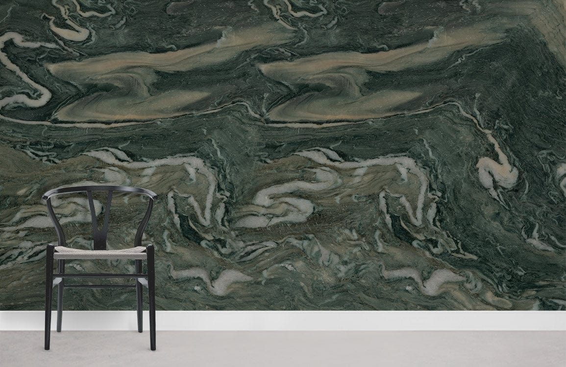 Papier peint mural en marbre vert foncé avec veines blanches et beiges pour décoration élégante