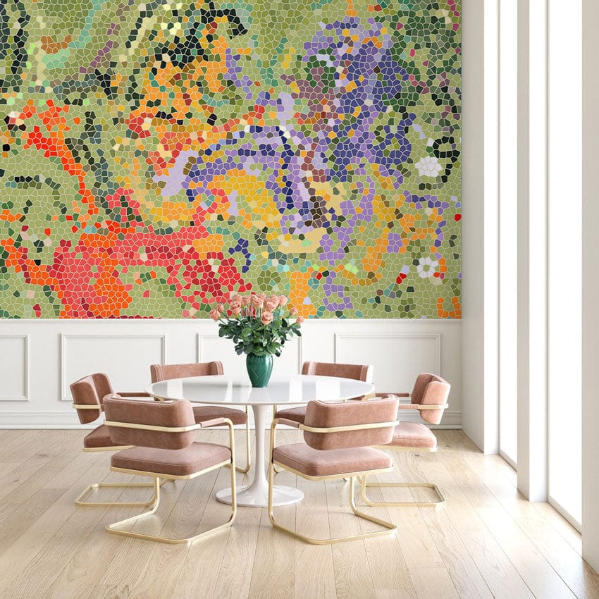 Papier peint mural en mosaïque de blocs colorés dans une salle à manger lumineuse