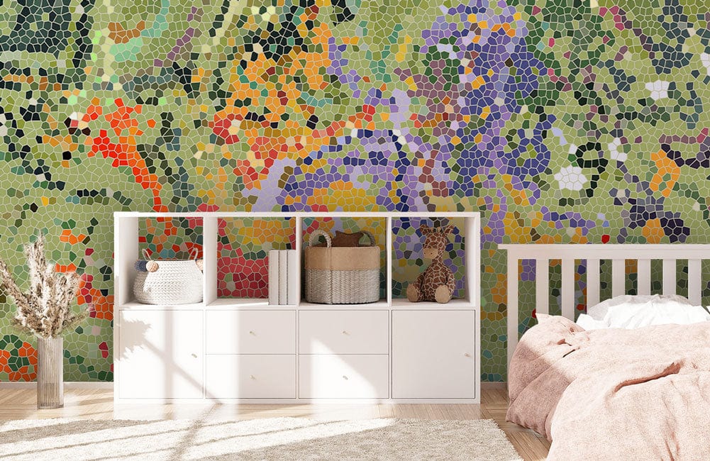 Un meuble de rangement blanc avec étagères ouvertes et tiroirs, idéal pour un papier peint mural coloré