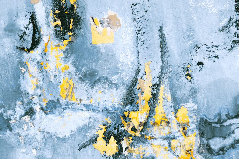 Papier peint mural avec mur usé, peinture jaune écaillée et textures grunge noires et blanches