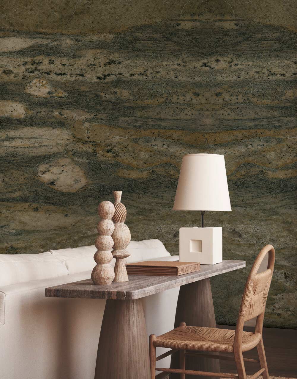 Console moderne avec top texturé et jambes sculpturales, idéal avec papier peint mural en pierre