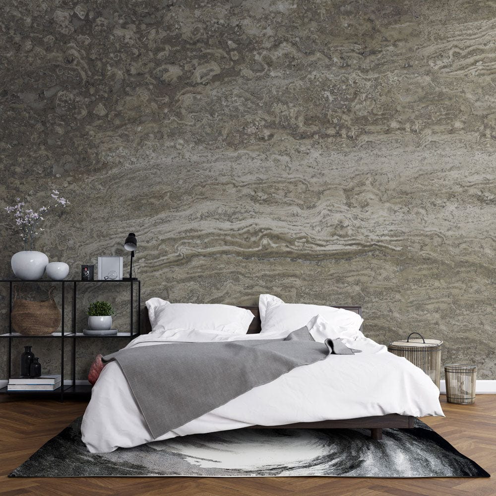 Papier peint mural en pierre grise dans une chambre moderne avec lit blanc et décor gris
