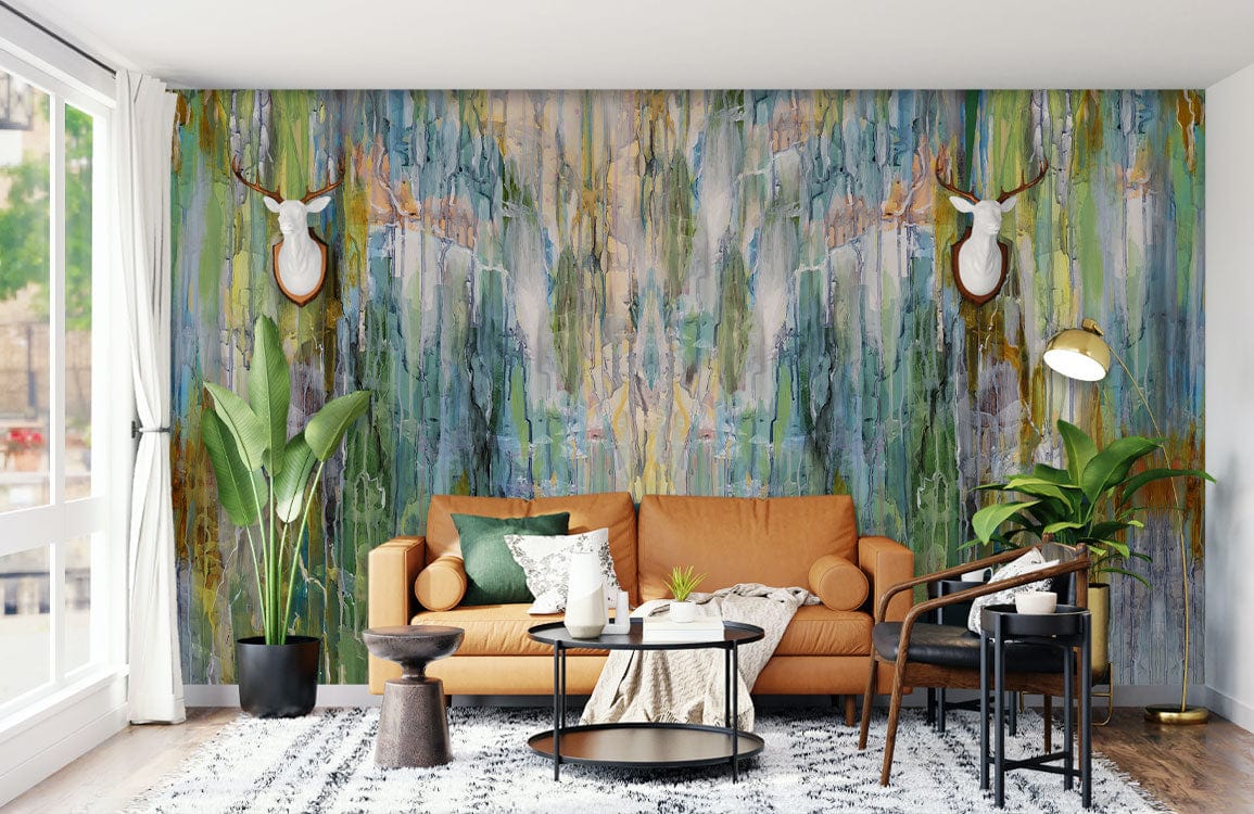 Papier peint mural en plastique transparent coloré dans un salon moderne avec canapé en cuir tan