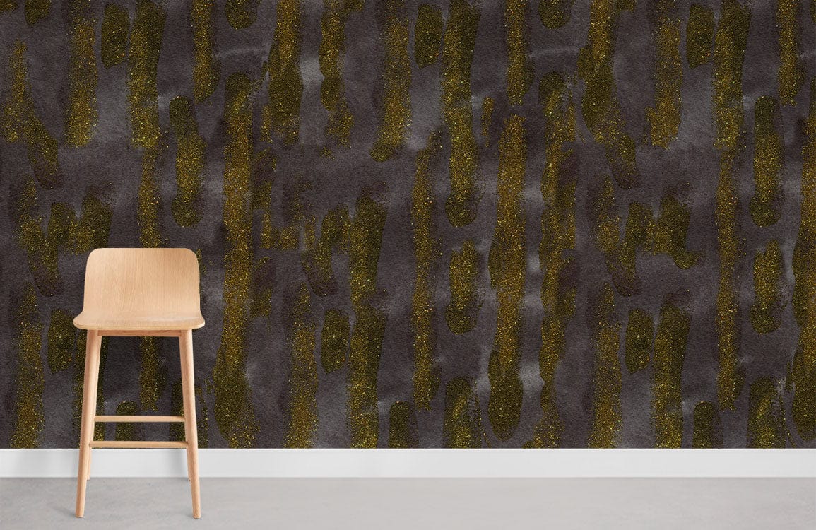 Barre de papier peint mural encre dorée fluide avec un tabouret en bois moderne