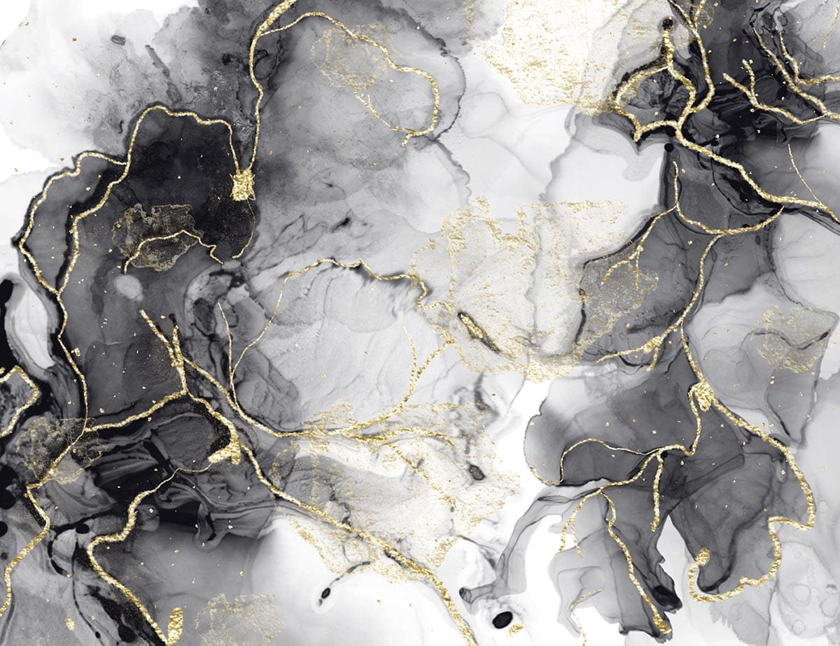 Papier peint mural encre et dorure avec œuvre d’art abstraite noir et blanc gold glitter