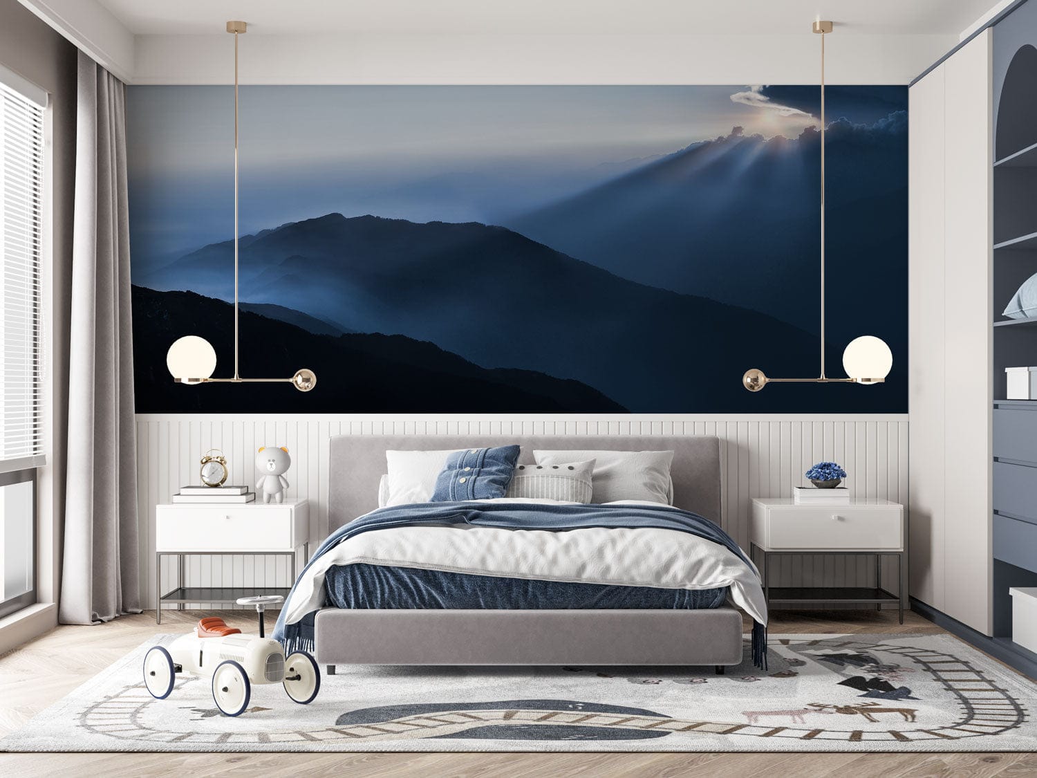 Papier peint mural Éparpillant de la Lumière du Soleil dans une chambre moderne avec paysage montagneux