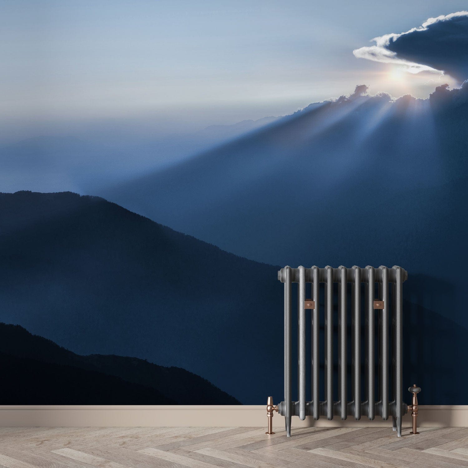 Papier peint mural Éparpillant de la lumière du soleil avec un radiateur en fonte gris foncé