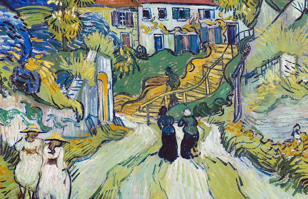 Peinture impressionniste vibrant pour papier peint mural escalier avec village et chemins