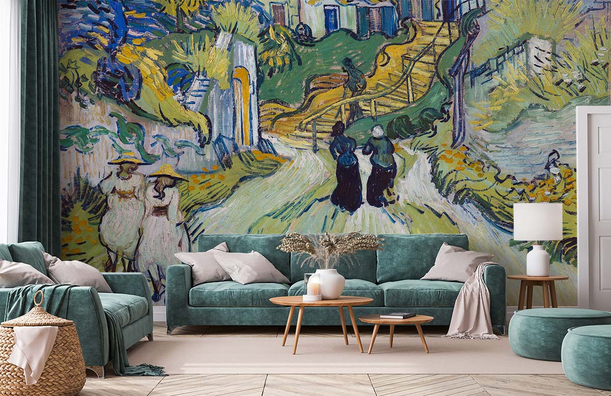 Teal fabric sofa avec coussins lumineux, décor mural escalier Papier peint mural