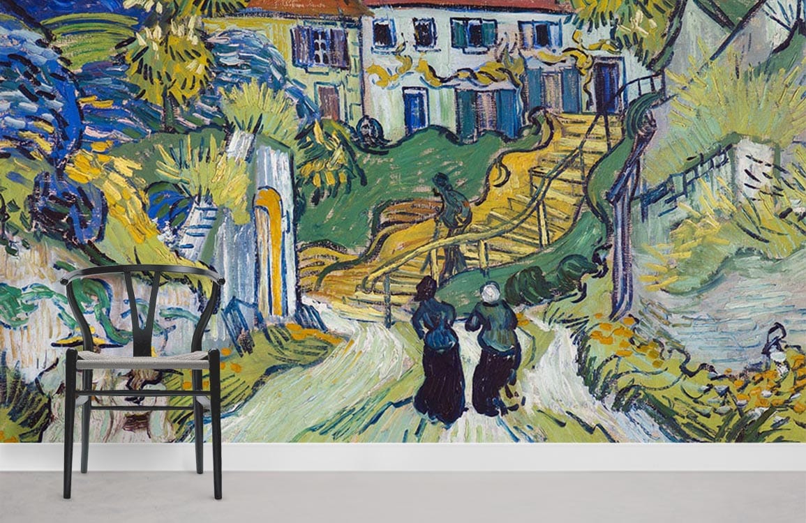 Chaise avec cadre noir et siège tissé sur papier peint mural escalier auvers