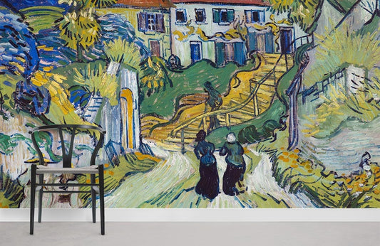 Chaise avec cadre noir et siège tissé sur papier peint mural escalier auvers