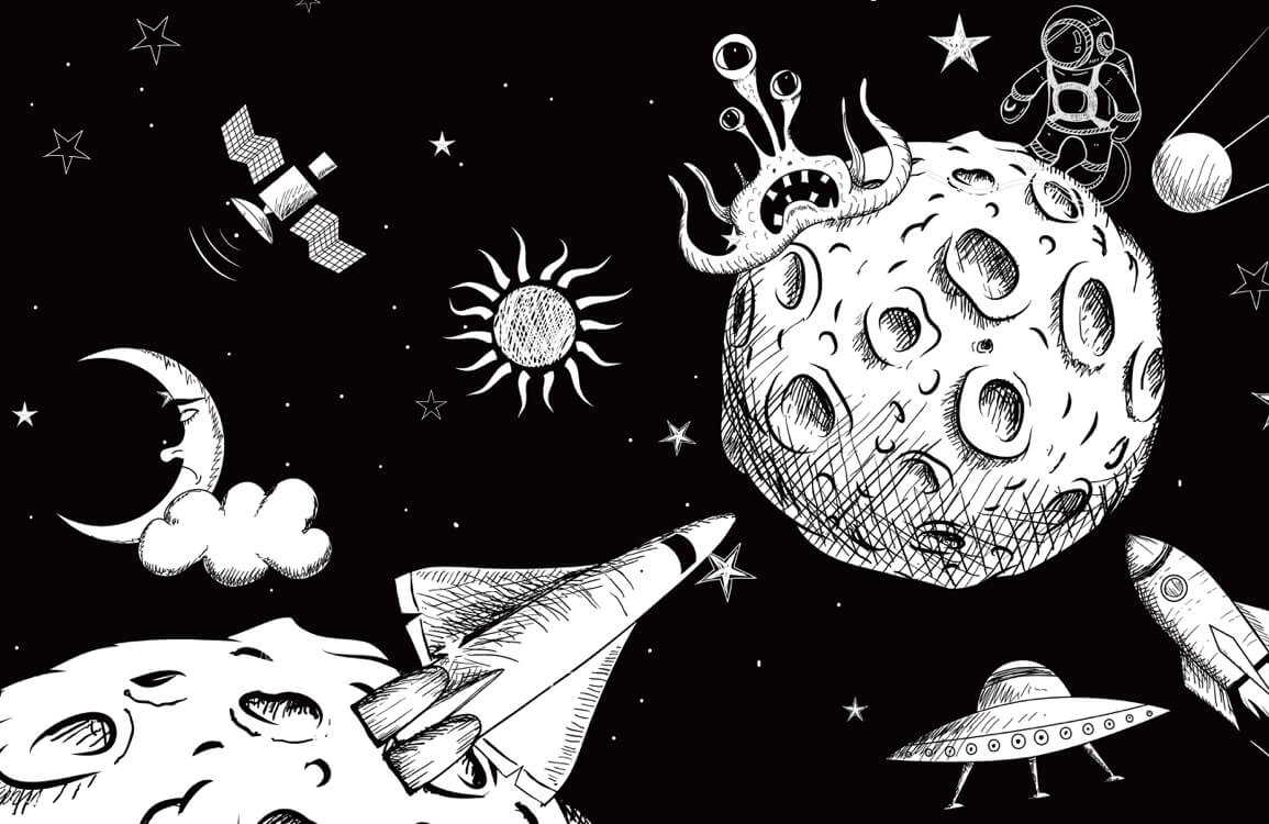 Peint mural espace avec planètes, fusées et alien, pour immersion totale dans l’espace