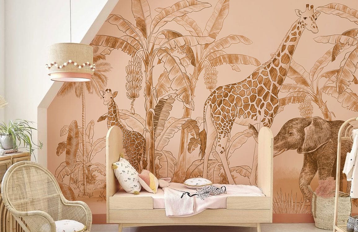Photo d’un lit d’enfant avec cadre en bois clair et matelas doux, idéal pour un papier peint mural animaux tropicaux