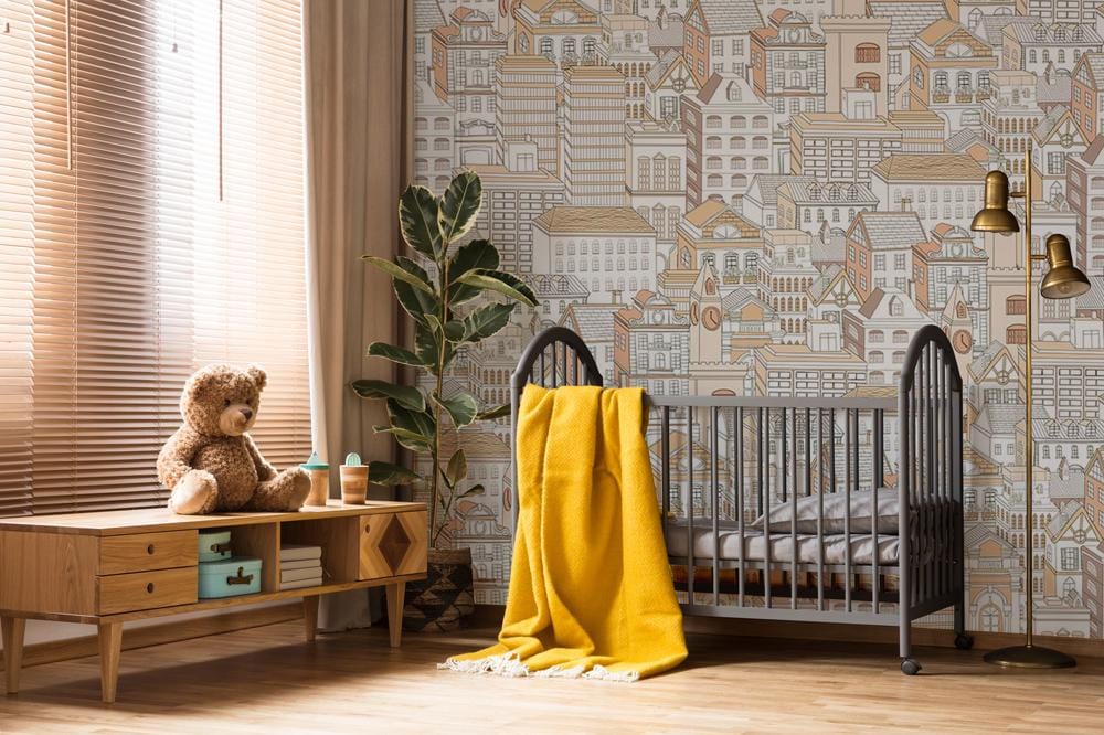 Crib gris avec couverture jaune sur papier peint mural Peinture Murale Esquisse de Maison II