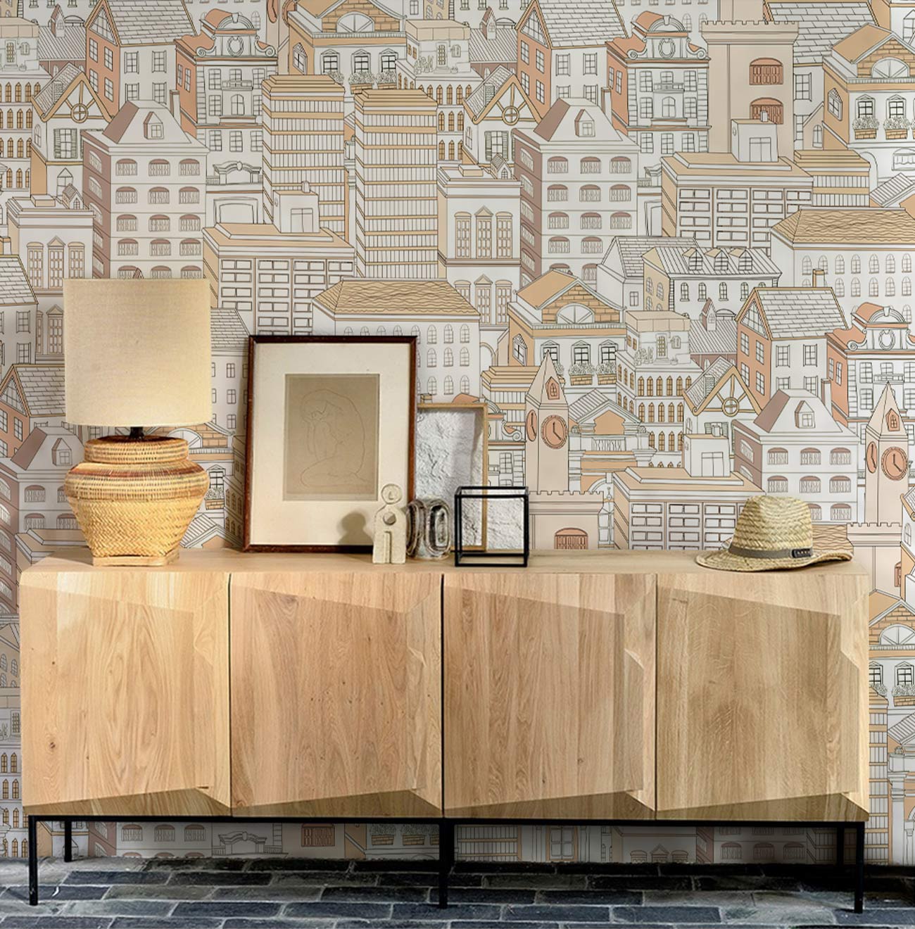 Meuble en bois clair avec portes et pieds métal pour peinture murale Esquisse