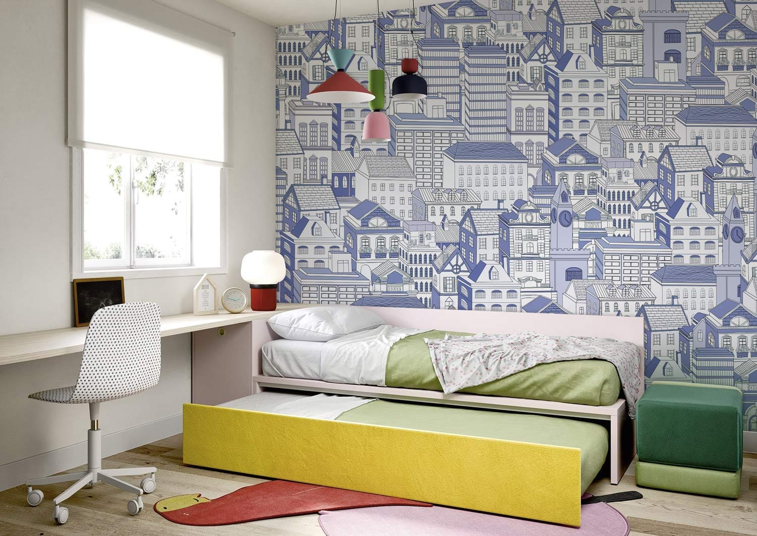 Peinture murale Esquisse de Maison III dans une chambre d’enfant avec mobilier et papier peint mural